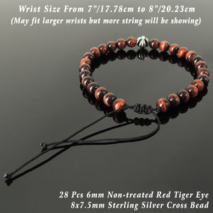 Handmade Braided Healing Gemstone Bracelet - 6mm Red Tiger Eye, Genuine S925 Sterling Silver Cross Bead, Adjustable Drawstring BR1636