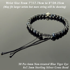 Handmade Braided Healing Gemstone Bracelet - 6mm Blue Tiger Eye, Genuine S925 Sterling Silver Cross Bead, Adjustable Drawstring BR1637