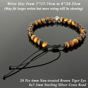 Handmade Braided Healing Diffuser Gemstone Bracelet - 6mm Brown Tiger Eye, Genuine S925 Sterling Silver Cross Bead, Adjustable Drawstring BR1638