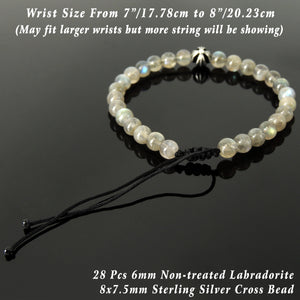 Handmade Braided Healing Diffuser Gemstone Bracelet - 6mm Labradorite, Genuine S925 Sterling Silver Cross Bead, Adjustable Drawstring BR1639