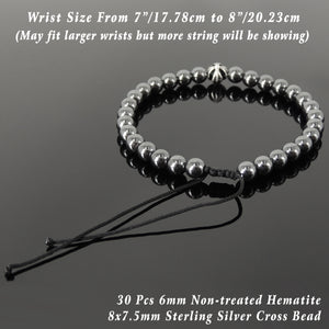 Handmade Braided Healing Diffuser Gemstone Bracelet - 6mm Hematite, Genuine S925 Sterling Silver Cross Bead, Adjustable Drawstring BR1641