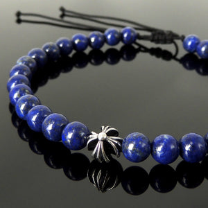 Handmade Braided Healing Diffuser Gemstone Bracelet - 6mm Lapis Lazuli, Genuine S925 Sterling Silver Cross Bead, Adjustable Drawstring BR1642