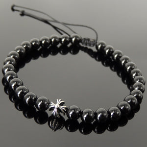 Handmade Braided Healing Gemstone Diffuser Bracelet - 6mm Bright Black Onyx, Genuine S925 Sterling Silver Cross Bead, Adjustable Drawstring BR1646