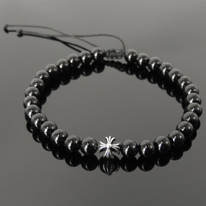 Handmade Braided Healing Gemstone Diffuser Bracelet - 6mm Bright Black Onyx, Genuine S925 Sterling Silver Cross Bead, Adjustable Drawstring BR1646