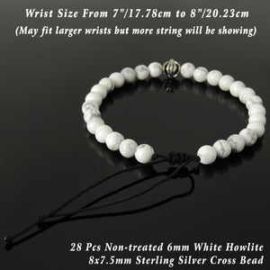 Handmade Braided Healing Gemstone Diffuser Bracelet - 6mm White Howlite, Genuine S925 Sterling Silver Cross Bead, Adjustable Drawstring BR1647