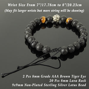 Handmade Braided Healing Wish Bracelet - 8mm Grade AAA Brown Tiger Eye & Lava Rock Stones, Genuine S925 Sterling Silver Lotus Blossom Bead, Adjustable Drawstring BR1649