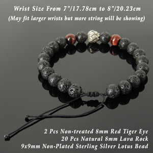Handmade Braided Healing Wish Bracelet - 8mm Red Tiger Eye & Lava Rock Stones, Genuine S925 Sterling Silver Lotus Blossom Bead, Adjustable Drawstring BR1650