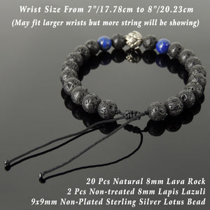 Handmade Braided Healing Wish Bracelet - 8mm Lapis Lazuli & Lava Rock Stones, Genuine S925 Sterling Silver Lotus Blossom Bead, Adjustable Drawstring BR1652