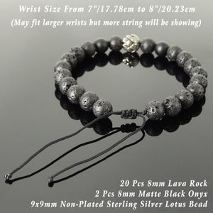 Handmade Braided Healing Wish Bracelet - 8mm Matte Black Onyx & Lava Rock Stones, Genuine S925 Sterling Silver Lotus Blossom Bead, Adjustable Drawstring BR1653