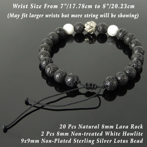 Handmade Braided Healing Wish Bracelet - 8mm White Howlite & Lava Rock Stones, Genuine S925 Sterling Silver Lotus Blossom Bead, Adjustable Drawstring BR1655