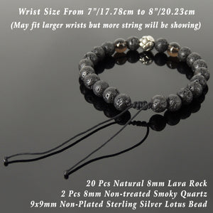 Handmade Braided Healing Wish Bracelet - 8mm Smoky Quartz & Lava Rock Stones, Genuine S925 Sterling Silver Lotus Blossom Bead, Adjustable Drawstring BR1656