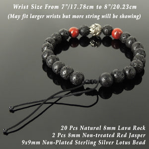 Handmade Braided Healing Wish Bracelet - 8mm Red Jasper & Lava Rock Stones, Genuine S925 Sterling Silver Lotus Blossom Bead, Adjustable Drawstring BR1657
