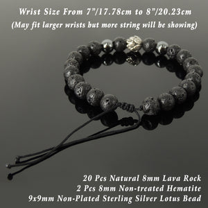 Handmade Braided Healing Wish Bracelet - 8mm Hematite & Lava Rock Stones, Genuine S925 Sterling Silver Lotus Blossom Bead, Adjustable Drawstring BR1658