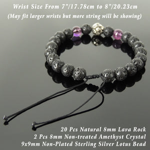 Handmade Braided Healing Wish Bracelet - 8mm Amethyst Crystal & Lava Rock Stones, Genuine S925 Sterling Silver Lotus Blossom Bead, Adjustable Drawstring BR1659