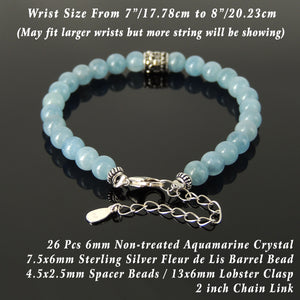 Handmade Healing Mental Health Bracelet - 6mm Aquamarine Crystal, Genuine S925 Sterling Silver Fleur de Lis Barrel Bead, Adjustable Chain Link, Clasp BR1660