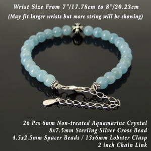 Handmade Healing Bracelet - 6mm Aquamarine Crystal, Genuine S925 Sterling Silver Cross Bead, Adjustable Chain Link, Clasp BR1661