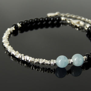 Handmade Festival Fashion Bracelet - Bright Black Onyx, Aquamarine Crystal, Genuine S925 Sterling Silver Nugget Beads, Adjustable Chain Link, Clasp BR1662