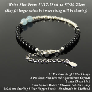 Handmade Festival Fashion Bracelet - Bright Black Onyx, Aquamarine Crystal, Genuine S925 Sterling Silver Nugget Beads, Adjustable Chain Link, Clasp BR1662