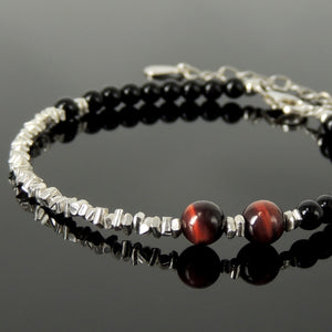 Handmade Festival Fashion Bracelet - Bright Black Onyx, Red Tiger Eye, Genuine S925 Sterling Silver Nugget Beads, Adjustable Chain Link, Clasp BR1663