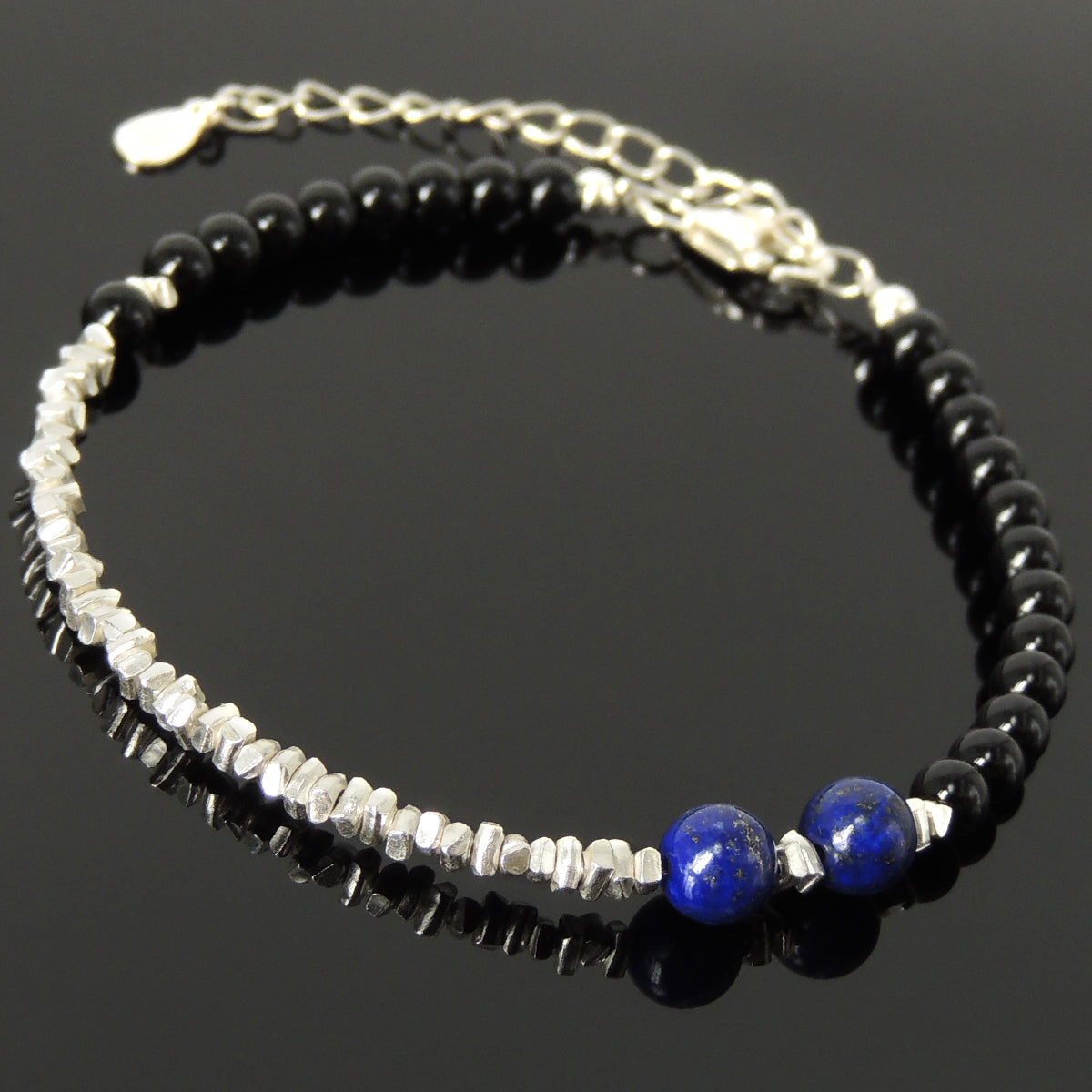 Handmade Festival Fashion Bracelet - Bright Black Onyx, Lapis Lazuli, Genuine S925 Sterling Silver Nugget Beads, Adjustable Chain Link, Clasp BR1665
