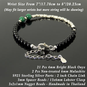 Handmade Festival Fashion Bracelet - Bright Black Onyx, Malachite, Genuine S925 Sterling Silver Nugget Beads, Adjustable Chain Link, Clasp BR1666