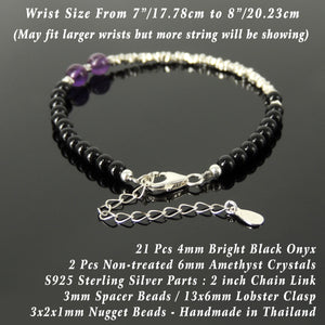 Handmade Festival Fashion Bracelet - Bright Black Onyx, Amethyst Crystal, Genuine S925 Sterling Silver Nugget Beads, Adjustable Chain Link, Clasp BR1667