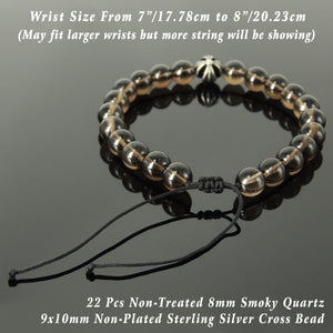 Handmade Braided Healing Gemstone Prayer Bracelet - 8mm Smoky Quartz, Genuine S925 Sterling Silver Cross Bead, Adjustable Drawstring BR1669
