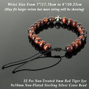 Handmade Braided Healing Gemstone Prayer Bracelet - 8mm Red Tiger Eye, Genuine S925 Sterling Silver Cross Bead, Adjustable Drawstring BR1671