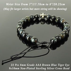 Handmade Braided Healing Gemstone Prayer Bracelet - 8mm Grade AAA Brown Blue Tiger Eye, Genuine S925 Sterling Silver Cross Bead, Adjustable Drawstring BR1672
