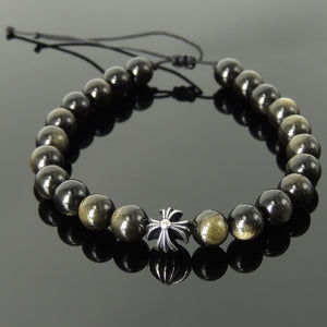 Handmade Braided Healing Gemstone Prayer Bracelet - 8mm Golden Obsidian, Genuine S925 Sterling Silver Cross Bead, Adjustable Drawstring BR1673