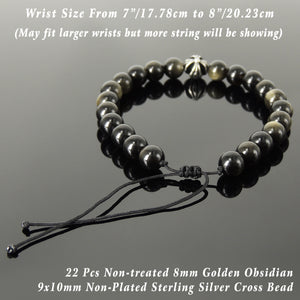 Handmade Braided Healing Gemstone Prayer Bracelet - 8mm Golden Obsidian, Genuine S925 Sterling Silver Cross Bead, Adjustable Drawstring BR1673