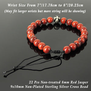 Handmade Braided Healing Gemstone Prayer Bracelet - 8mm Red Jasper, Genuine S925 Sterling Silver Cross Bead, Adjustable Drawstring BR1675