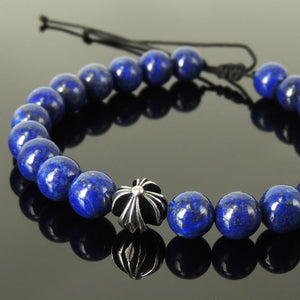Handmade Braided Healing Gemstone Prayer Bracelet - 8mm High Quality Lapis Lazuli, Genuine S925 Sterling Silver Cross Bead, Adjustable Drawstring BR1676