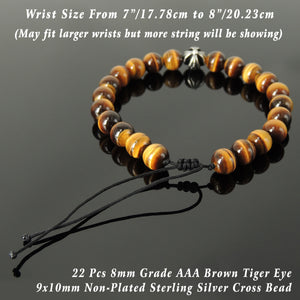 Handmade Braided Healing Gemstone Prayer Bracelet - 8mm Grade 3A Brown Tiger Eye, Genuine S925 Sterling Silver Cross Bead, Adjustable Drawstring BR1677