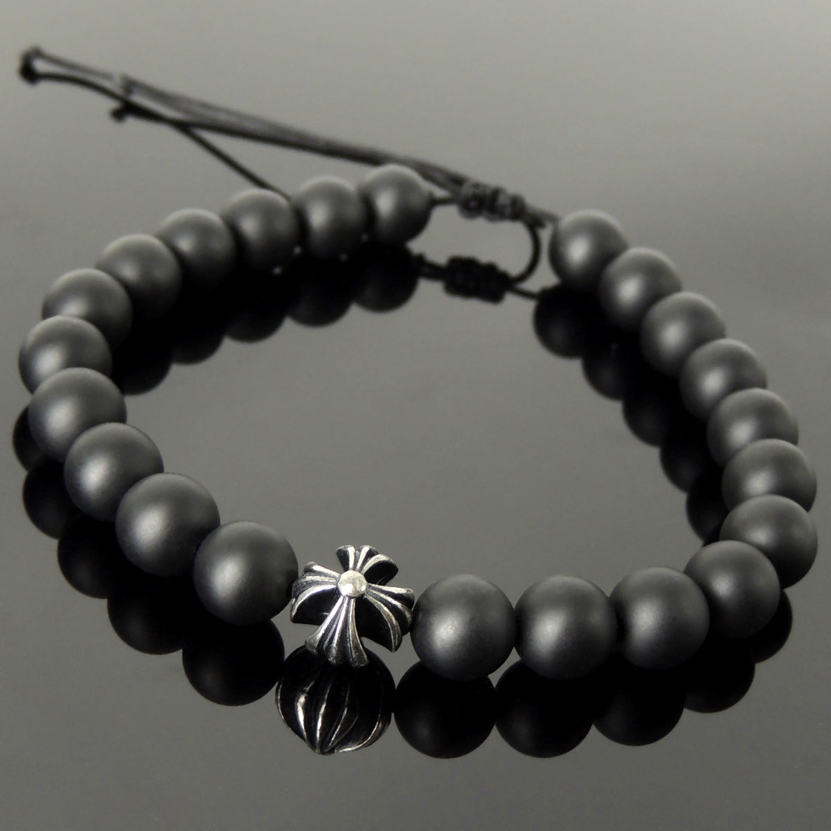 Handmade Braided Healing Gemstone Prayer Bracelet - 8mm Matte Black Onyx, Genuine S925 Sterling Silver Cross Bead, Adjustable Drawstring BR1679
