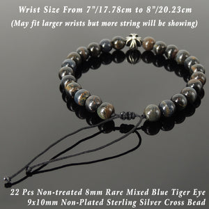 Handmade Braided Healing Gemstone Prayer Bracelet - 8mm Rare Mixed Blue Tiger Eye, Genuine S925 Sterling Silver Cross Bead, Adjustable Drawstring BR1682