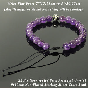 Handmade Braided Healing Gemstone Prayer Bracelet - 8mm Amethyst Crystal, Genuine S925 Sterling Silver Cross Bead, Adjustable Drawstring BR1683