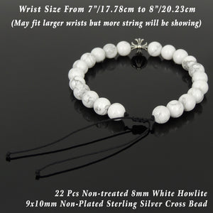 Handmade Braided Healing Gemstone Prayer Bracelet - 8mm White Howlite, Genuine S925 Sterling Silver Cross Bead, Adjustable Drawstring BR1684