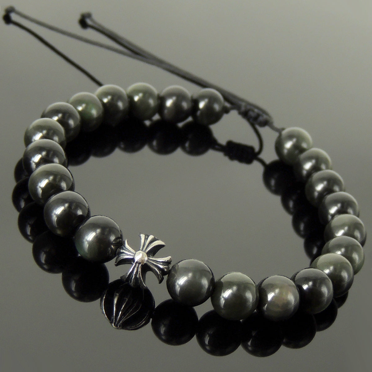 Handmade Braided Healing Gemstone Prayer Bracelet - 8mm Rainbow Black Obsidian, Genuine S925 Sterling Silver Cross Bead, Adjustable Drawstring BR1686