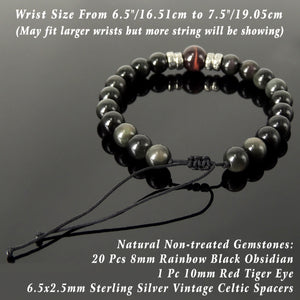 Vintage Celtic Handmade Braided Gemstone Bracelet - Men & Women Casual Wear, Punk Style with Red Tiger Eye, Rainbow Black Obsidian, Adjustable Drawstring, S925 Sterling Silver Spacer Beads BR1688