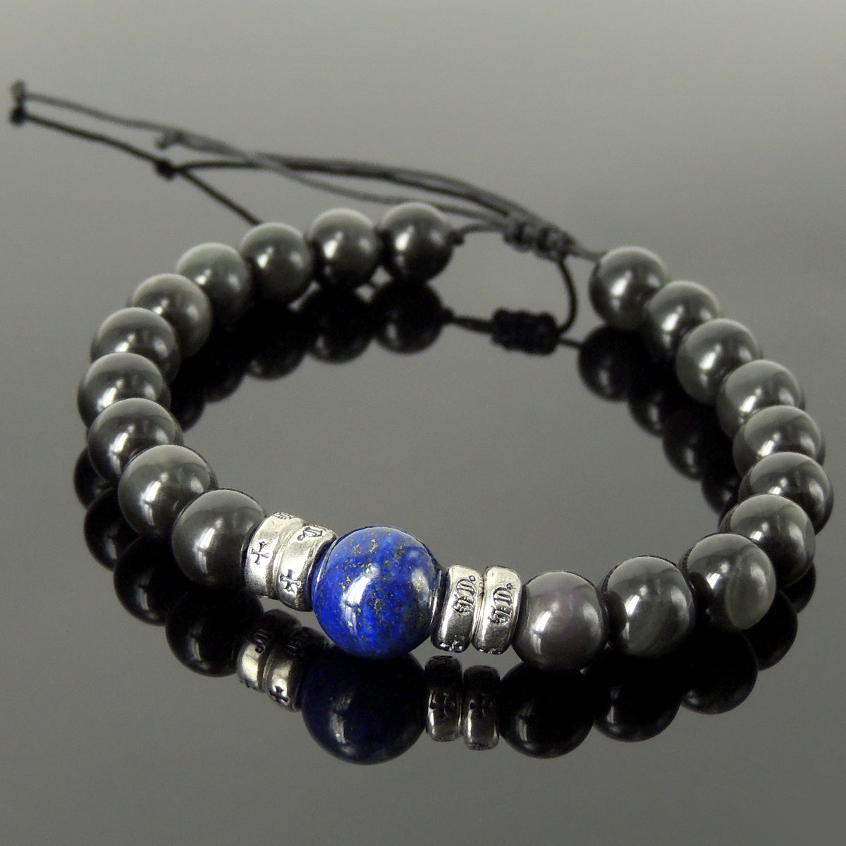 Vintage Celtic Handmade Braided Gemstone Bracelet - Men & Women Healing Casual Wear with Lapis Lazuli, Rainbow Black Obsidian, Adjustable Drawstring, S925 Sterling Silver Spacer Beads BR1690