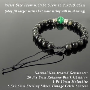 Vintage Celtic Handmade Braided Gemstone Bracelet - Men & Women Healing Casual Wear with Malachite, Rainbow Black Obsidian, Adjustable Drawstring, S925 Sterling Silver Spacer Beads BR1691