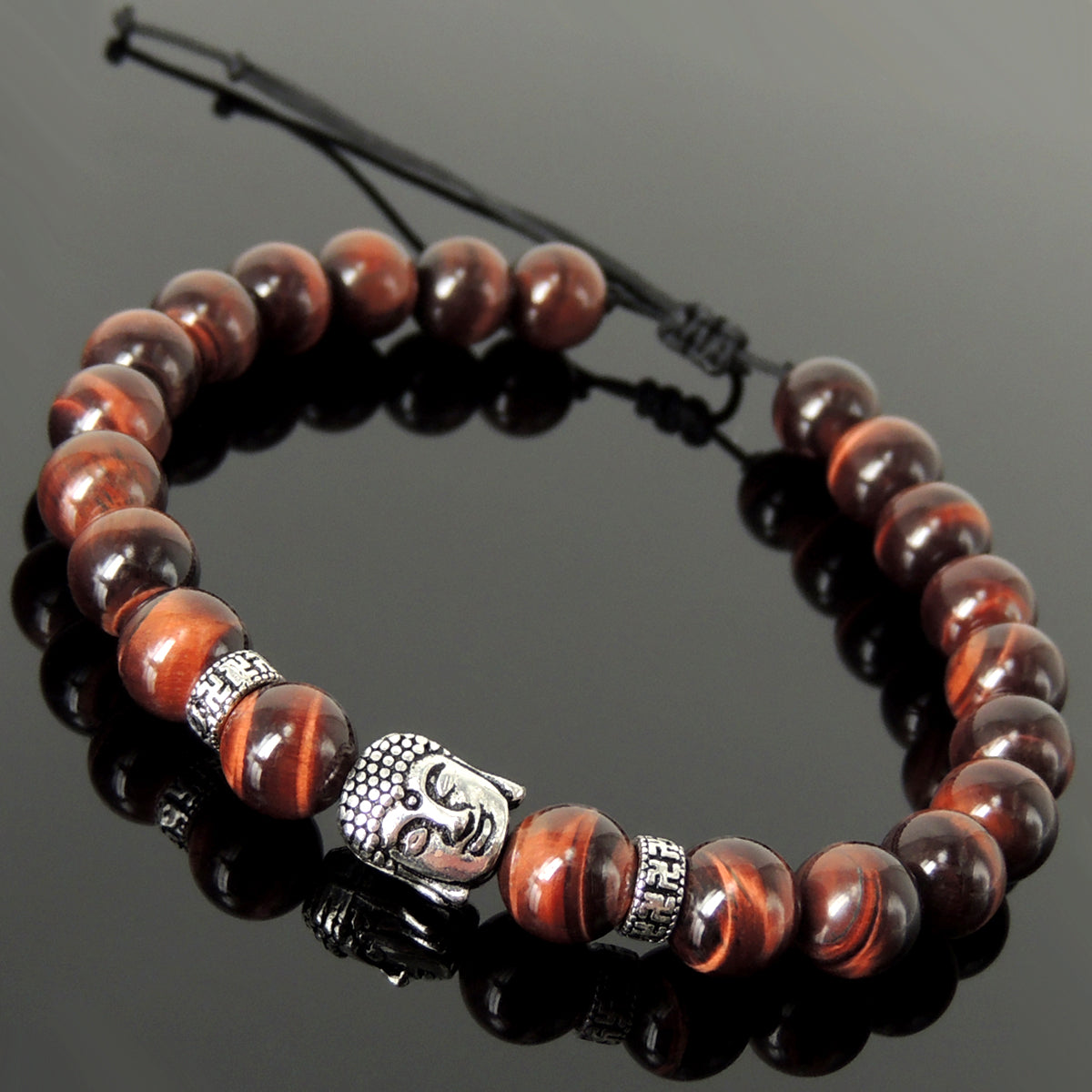 Healing Buddhism Jewelry Handmade Braided Gemstone Bracelet - Mens Womens Casual Wear, Meditation with Red Tiger Eye Adjustable Drawstring, S925 Sterling Silver Beads BR1696