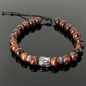 Healing Buddhism Jewelry Handmade Braided Gemstone Bracelet - Mens Womens Casual Wear, Meditation with Red Tiger Eye Adjustable Drawstring, S925 Sterling Silver Beads BR1696