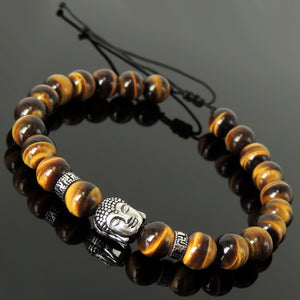 Healing Buddhism Jewelry Handmade Braided Gemstone Bracelet - Mens Womens Casual Wear, Meditation with Grade 3A Brown Tiger Eye Adjustable Drawstring, S925 Sterling Silver Beads BR1697