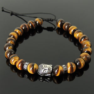 Healing Buddhism Jewelry Handmade Braided Gemstone Bracelet - Mens Womens Casual Wear, Meditation with Grade 3A Brown Tiger Eye Adjustable Drawstring, S925 Sterling Silver Beads BR1697