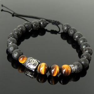 Healing Buddhism Jewelry Handmade Braided Stone Bracelet - Mens Womens Casual Wear, Meditation with Lava Rock & Brown Tiger Eye Adjustable Drawstring, S925 Sterling Silver Beads BR1698