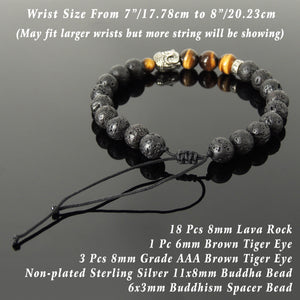 Healing Buddhism Jewelry Handmade Braided Stone Bracelet - Mens Womens Casual Wear, Meditation with Lava Rock & Brown Tiger Eye Adjustable Drawstring, S925 Sterling Silver Beads BR1698