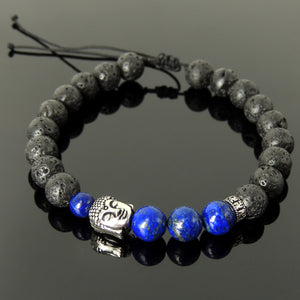 Healing Buddhism Jewelry Handmade Braided Stone Bracelet - Mens Womens Casual Wear, Meditation with Lava Rock & Lapis Lazuli Adjustable Drawstring, S925 Sterling Silver Beads BR1699