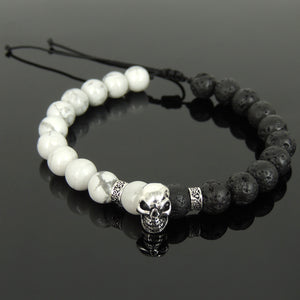 Biker Skull Jewelry Handmade Braided Stone Bracelet - Mens Womens Protection, Casual Wear with Lava Rock & White Howlite Adjustable Drawstring, Genuine S925 Sterling Silver Beads BR1700